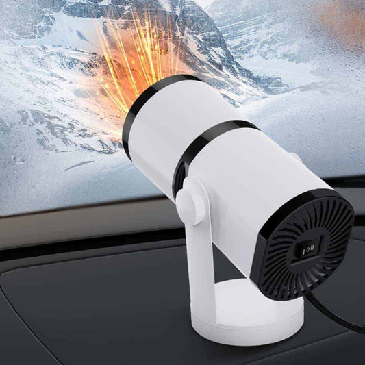 White and black 12 volt portable car heater with 360 degree rotation. 